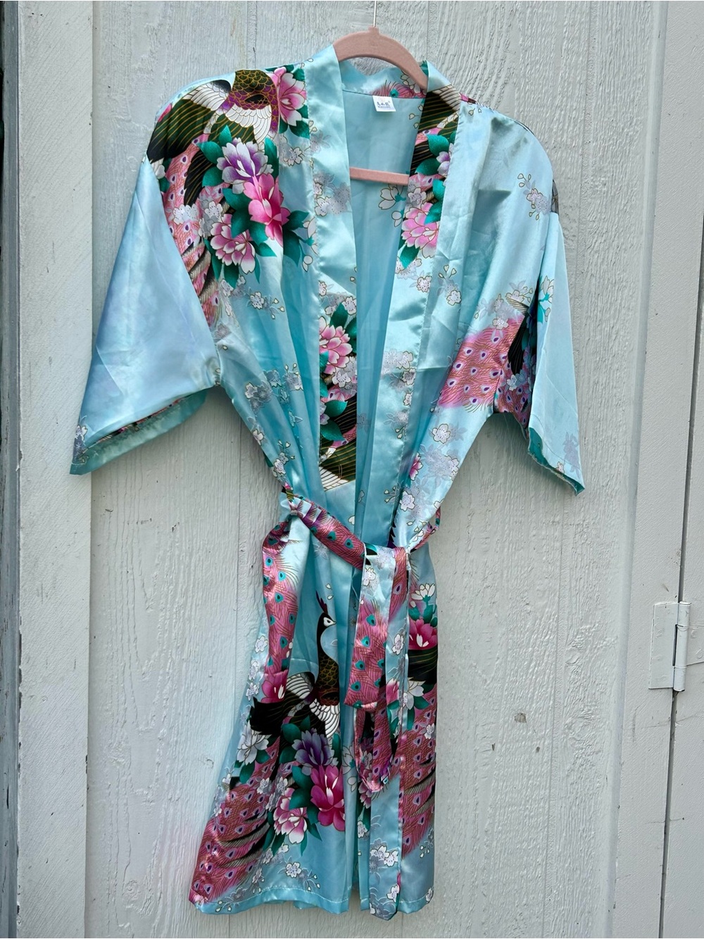 Light Aqua Floral Satin Kimono Robe with Belt